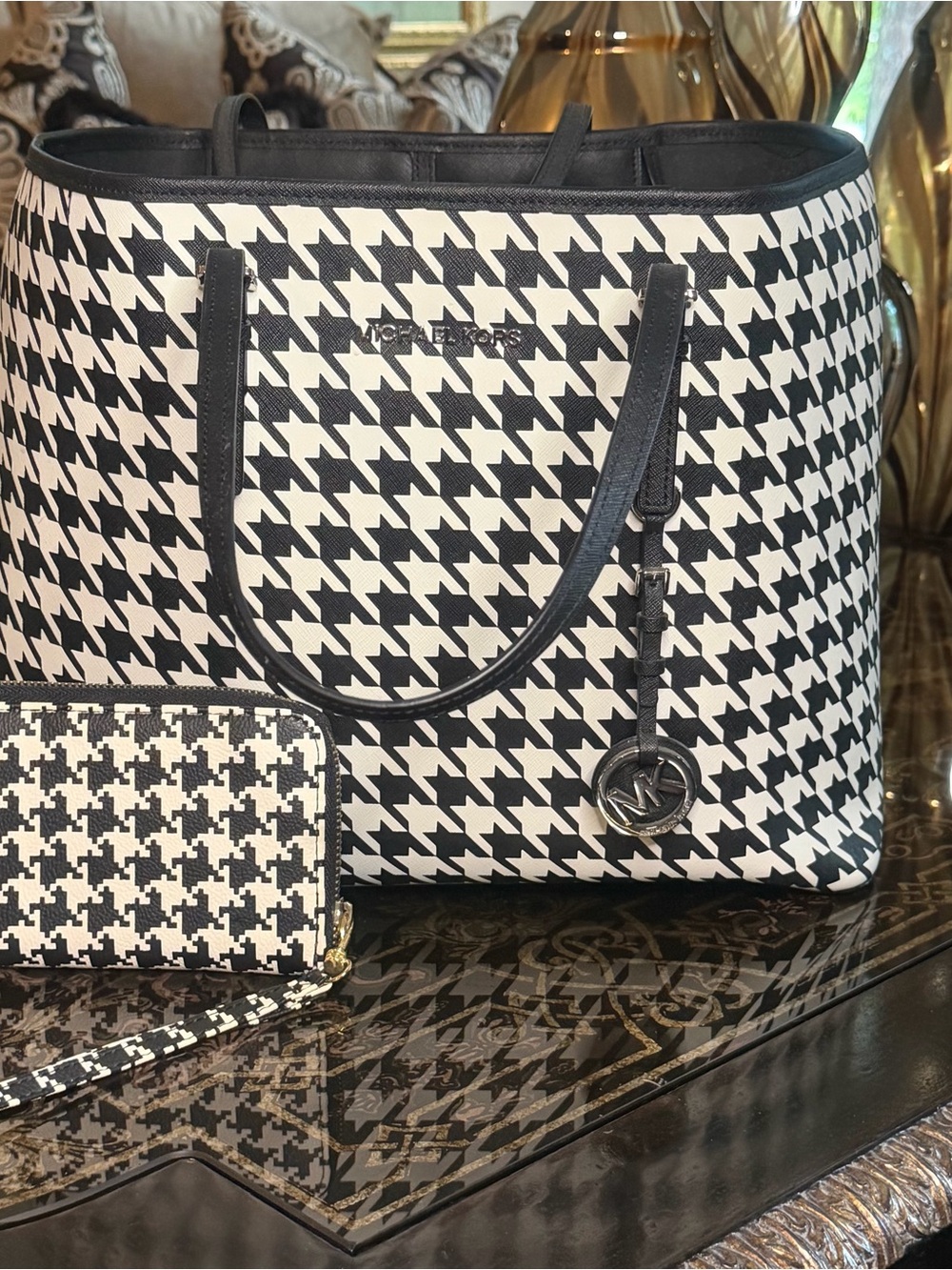 Michael Kors Black & White Houndstooth Tote with MK Charm